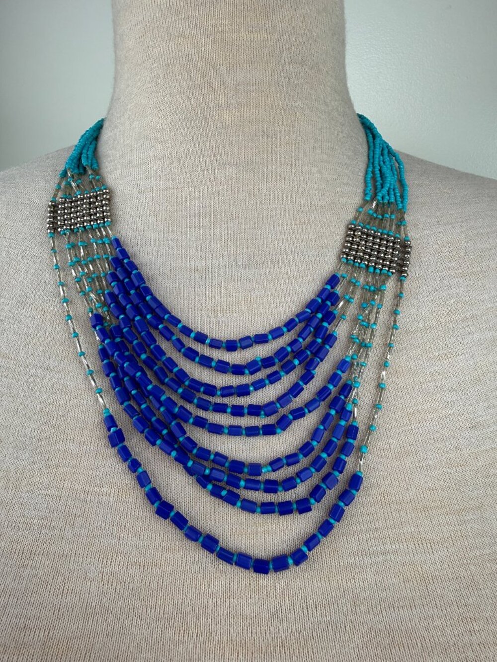 Multi-Strand Layered Blue, Turquoise & Silver Tone Beaded Necklace 20-22.5"
